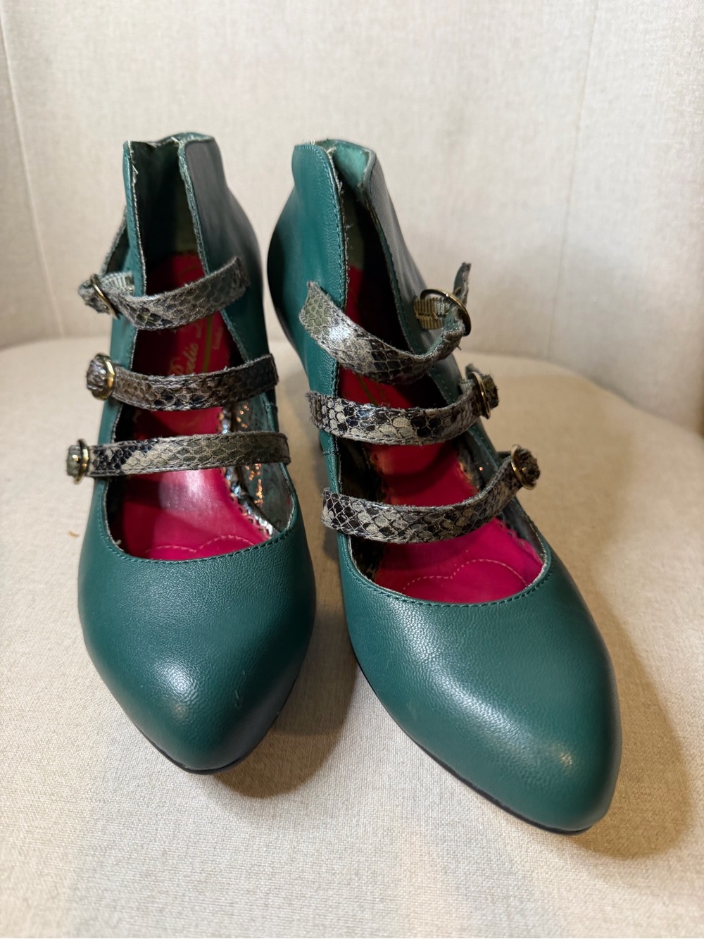 Poetic License Teal Round-Toe Mary Jane Heels with Snake-Print Straps